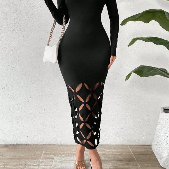 Black Preppy Womens Off Shoulder Cut Out Bodycon Dress - Picture 3 of 5